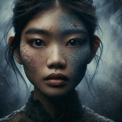 The primary subject of the image is a young woman with a mix of human and monster features. She has a human face with a monster-like body, giving her a unique and intriguing appearance. The setting is a dark, moody environment, which adds to the overall atmosphere of the image. The visual style is a combination of photo and digital art, creating a striking and surreal portrait. The colors in the image are predominantly dark, with some hints of red and blue, which contribute to the dramatic and myster